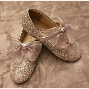 Felix & Flora Size 11 Little Girl Silver Glitter Sparkling Bow Ballet Shoe